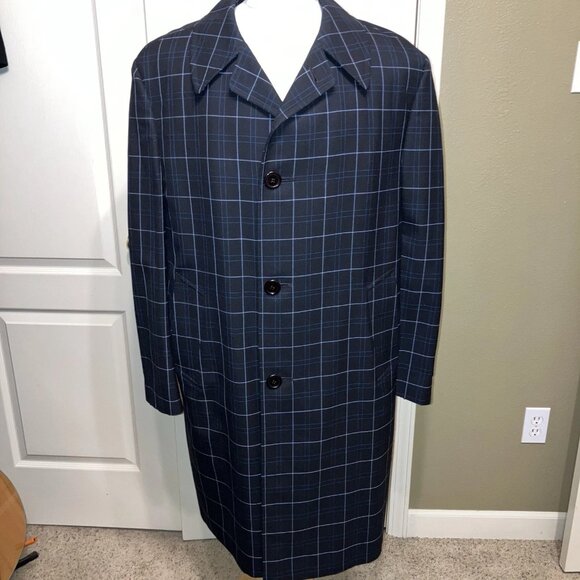 AQUASCUTUM Wool Trench Coat BLACK / BLUE / WHITE Plaid WINDOWPANE - Sz 42 R - Picture 1 of 16